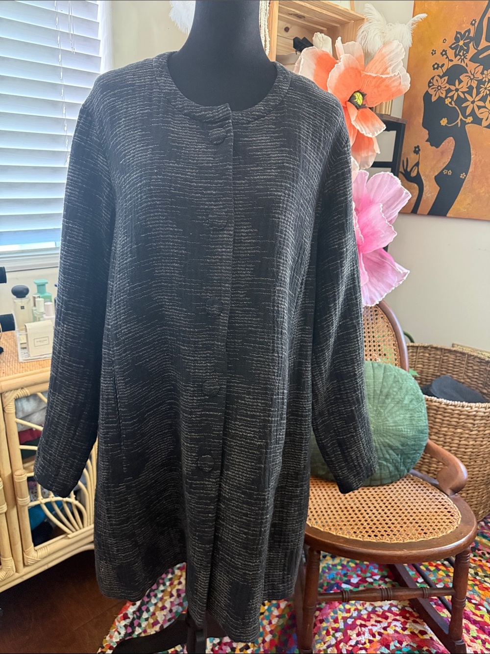 Eileen Fisher Charcoal Gray Textured Cotton Snap Up Classic Duster Sweater Coat